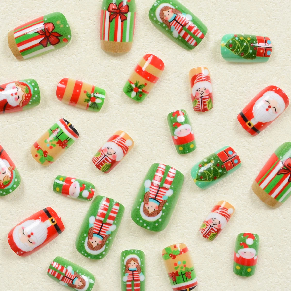 24 Pieces Medium Square Nail Patch Christmas Cartoon Christmas Tree Santa Claus Cute Doll Pattern Wear Armor Set
