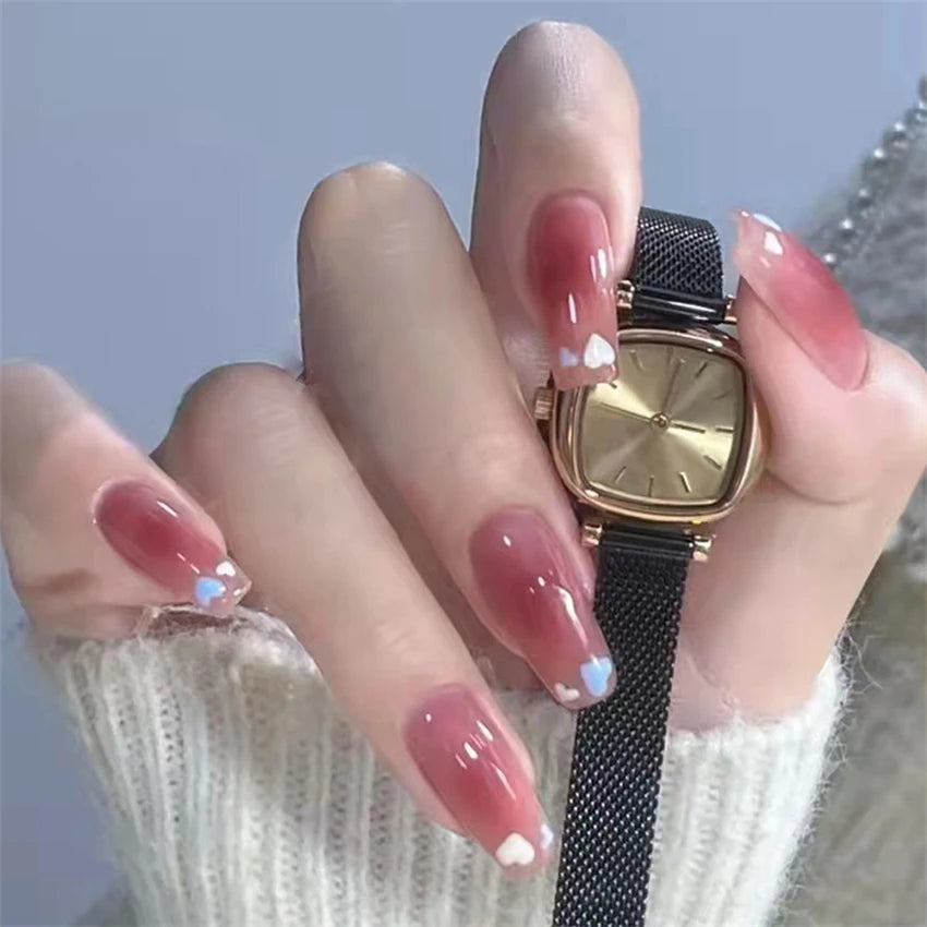 24Pcs/Set Acrylic Korean Flat Fake Nails Elk Christmas Color Wearing False Nails Full Coverage Press on Nail Art Removable