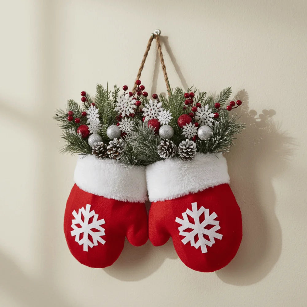 Twinkling Christmas Mitten Wreath Artificial Berries Artificial Berries Pine Needles Christmas Glove Wreath with LED Lights