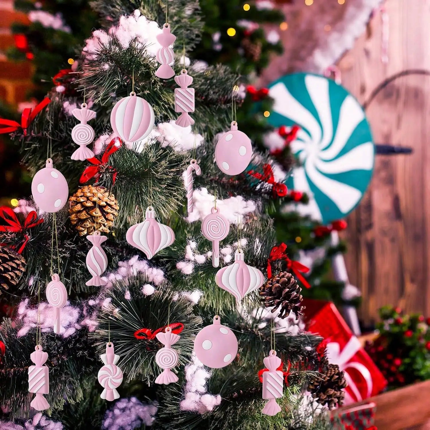 Pink White Christmas Tree Lollipop Ornament Christmas Hanging Decor Birthday Party Decoration Crafts for Holiday Xmas Tree Party