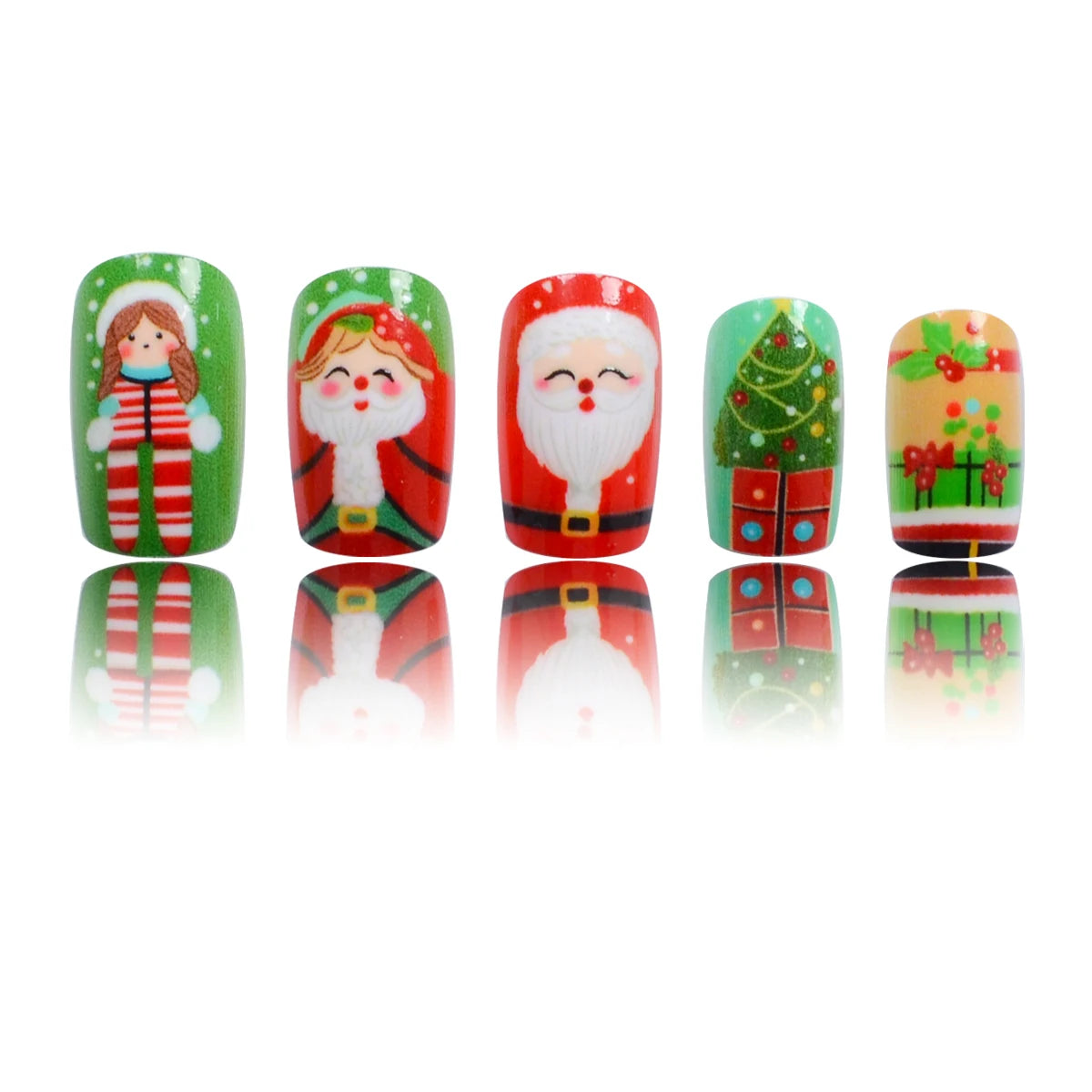 24 Pieces Medium Square Nail Patch Christmas Cartoon Christmas Tree Santa Claus Cute Doll Pattern Wear Armor Set