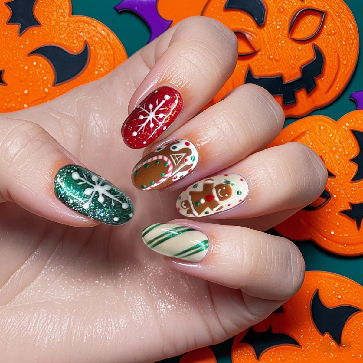 24Pcs/set Almond Coverage Press On Nails Christmas Party Cute Gingerbread Fake Nail Reusable False Nail Shiny Colorful Wear Nail