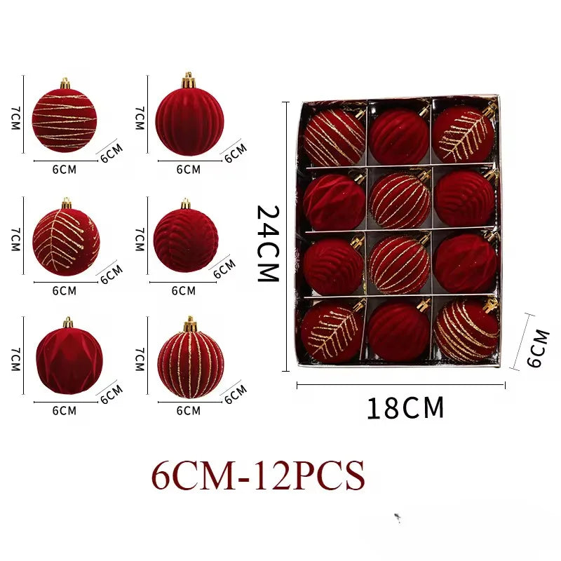 12/16pcs 6cm Wine Red Christmas Ball Ornaments Flocking Christmas Tree Party Decoration New Year Christmas Spheres Pendant Balls