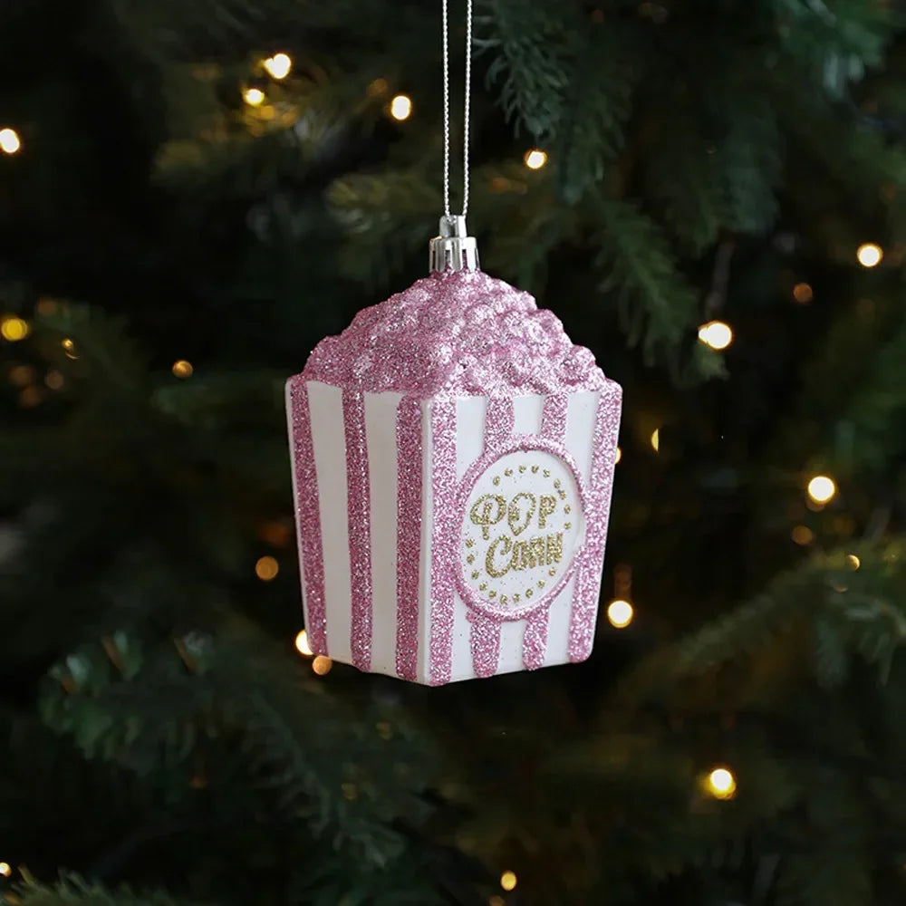 Cartoon Christmas Ice Cream Pendant Shiny Pink Plastic Christmas Tree Ornaments 3D Shatterproof Xmas Snowflake Pendant