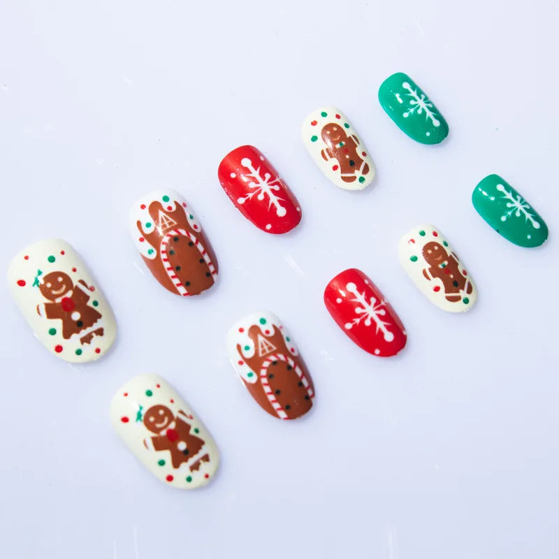 24Pcs/set Almond Coverage Press On Nails Christmas Party Cute Gingerbread Fake Nail Reusable False Nail Shiny Colorful Wear Nail
