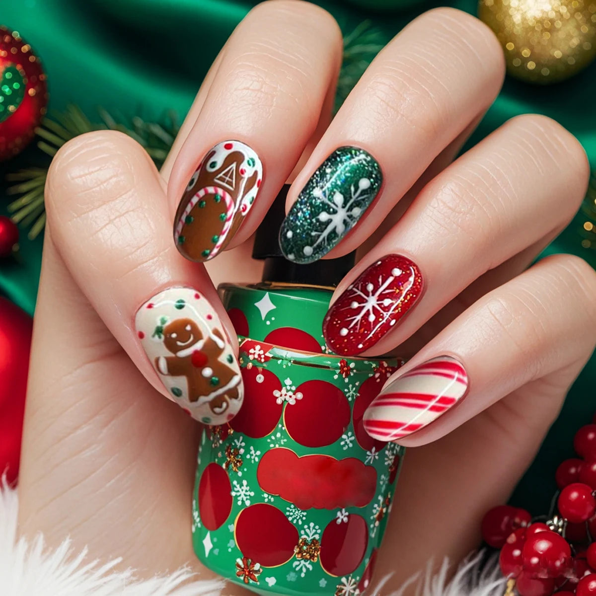 24Pcs/set Almond Coverage Press On Nails Christmas Party Cute Gingerbread Fake Nail Reusable False Nail Shiny Colorful Wear Nail