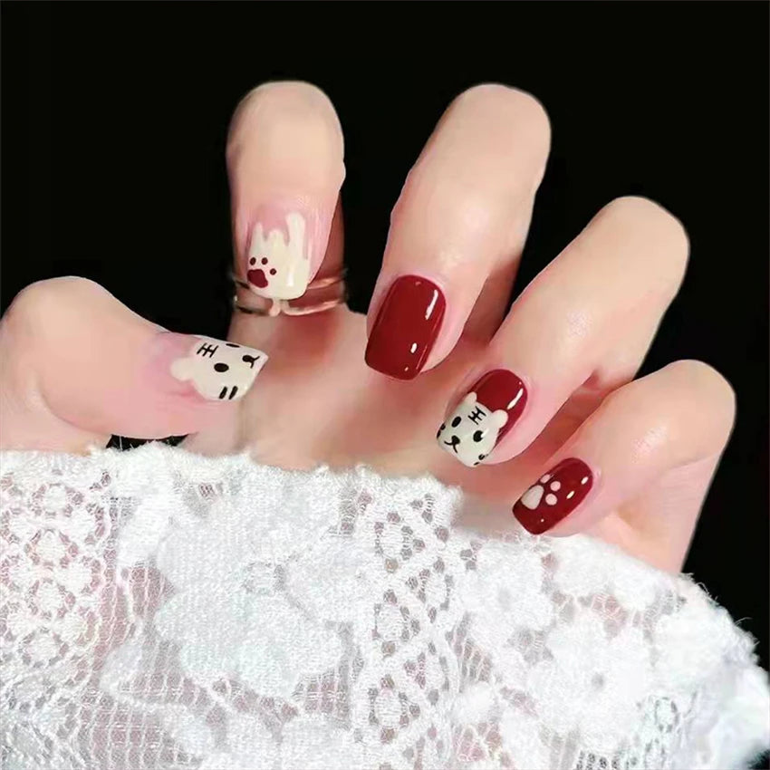 24Pcs/Set Acrylic Korean Flat Fake Nails Elk Christmas Color Wearing False Nails Full Coverage Press on Nail Art Removable