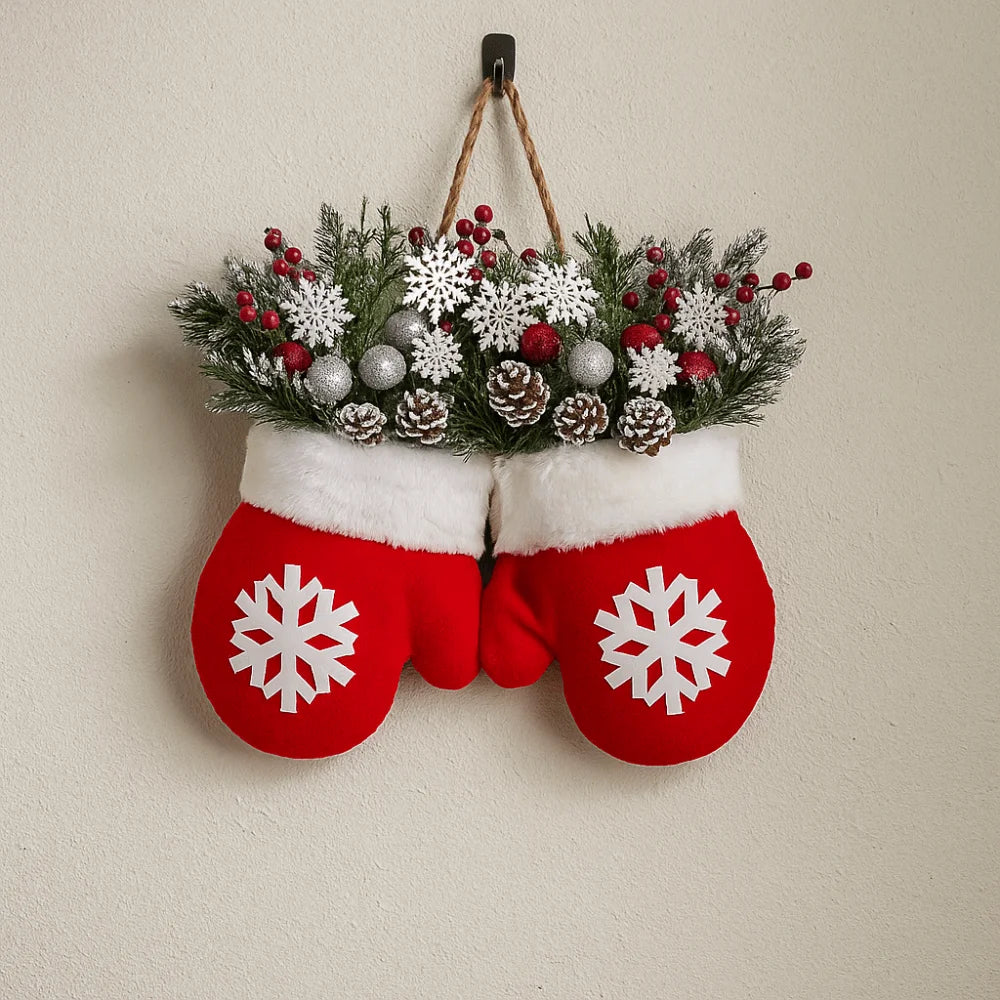 Twinkling Christmas Mitten Wreath Artificial Berries Artificial Berries Pine Needles Christmas Glove Wreath with LED Lights