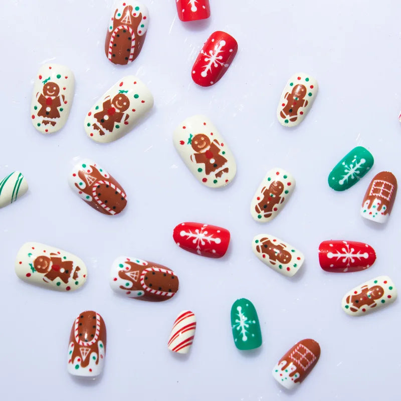 24Pcs/set Almond Coverage Press On Nails Christmas Party Cute Gingerbread Fake Nail Reusable False Nail Shiny Colorful Wear Nail