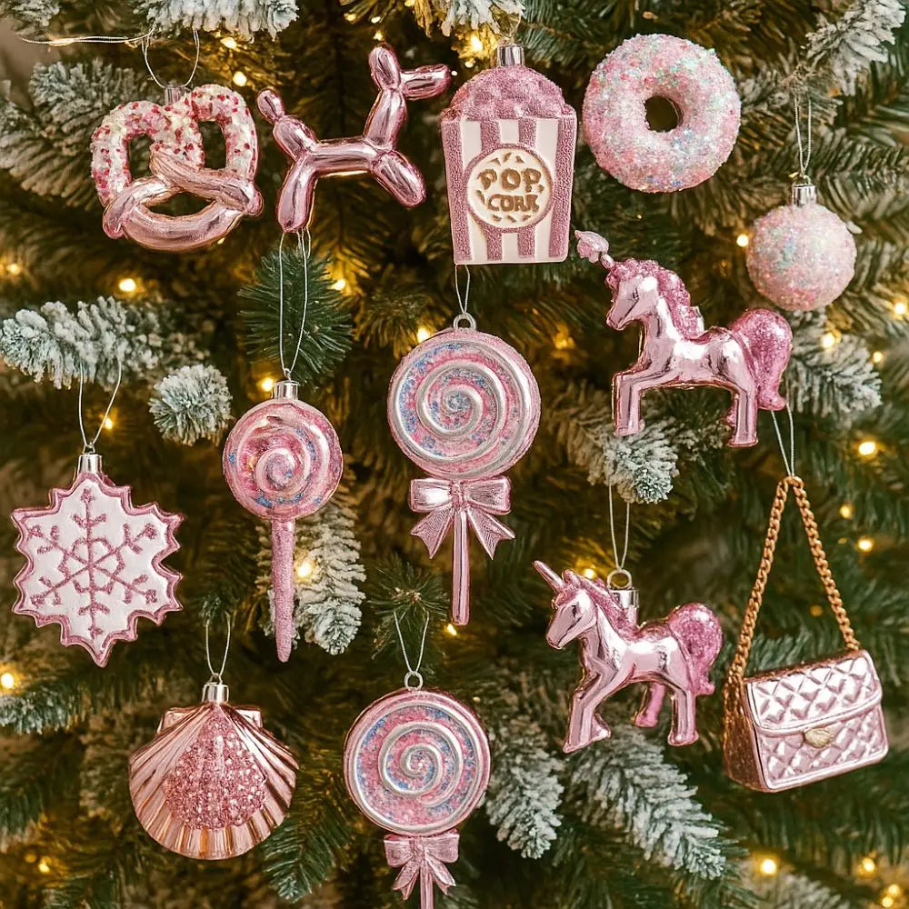 Cartoon Christmas Ice Cream Pendant Shiny Pink Plastic Christmas Tree Ornaments 3D Shatterproof Xmas Snowflake Pendant