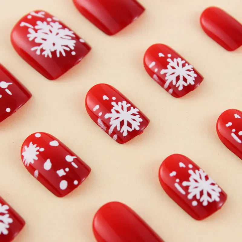 24Pcs Square Short Coverage Press On Nails Snowflake French Fake Nails Red Reusable False Nails Christmas Wearing Nails