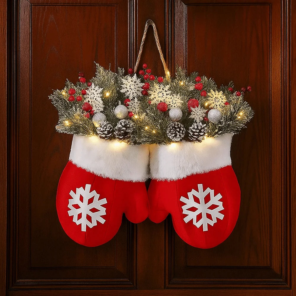 Twinkling Christmas Mitten Wreath Artificial Berries Artificial Berries Pine Needles Christmas Glove Wreath with LED Lights