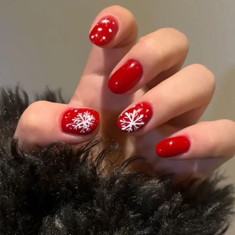 24Pcs Square Short Coverage Press On Nails Snowflake French Fake Nails Red Reusable False Nails Christmas Wearing Nails