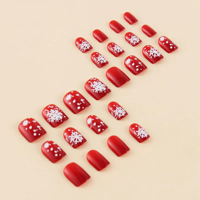 24Pcs Square Short Coverage Press On Nails Snowflake French Fake Nails Red Reusable False Nails Christmas Wearing Nails