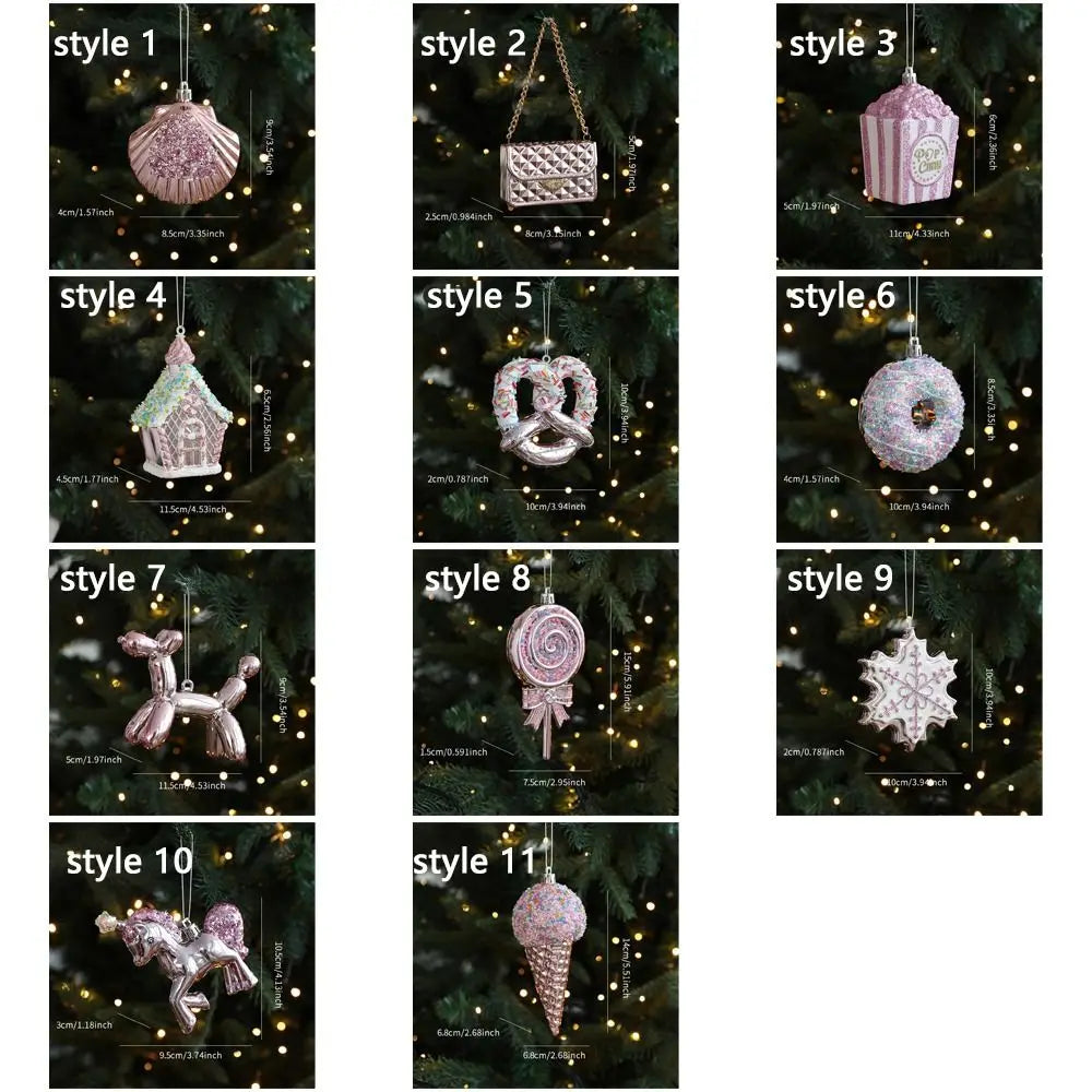 Cartoon Christmas Ice Cream Pendant Shiny Pink Plastic Christmas Tree Ornaments 3D Shatterproof Xmas Snowflake Pendant
