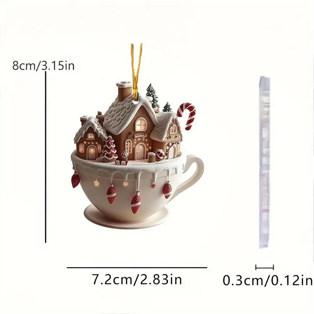 Coffee Cup Ornaments For Christmas Tree 2D Acrylic Christmas Snow Houses Chocolate Mug Pendant Christmas Tree & Car Decor
