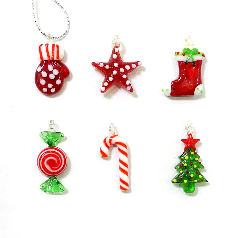 6pcs Hanging Christmas Glass Crafts Ornaments Cute Candy Cane Gloves Sock Xmas Tree Five Pointed Star Mini Pendants Accessories