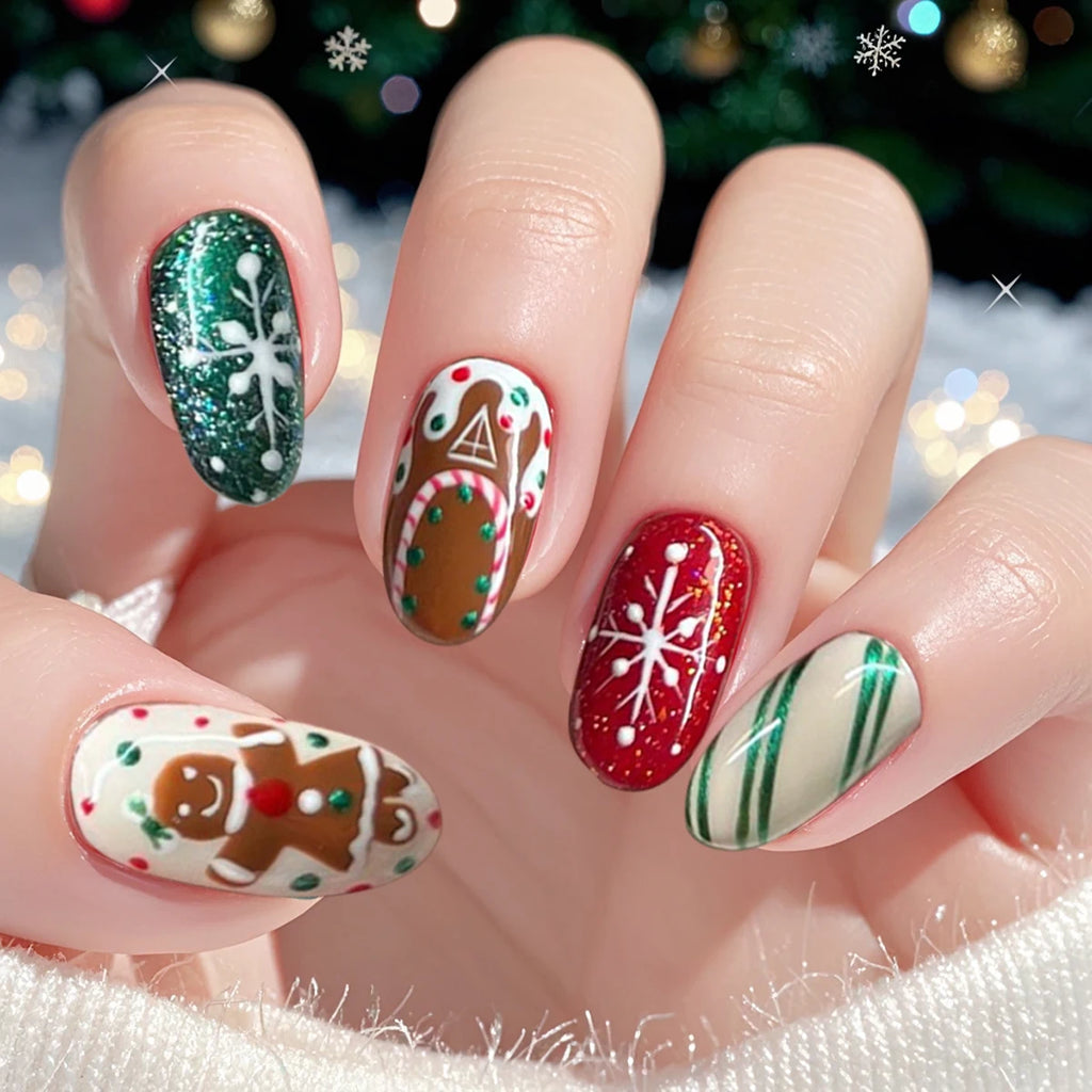 24Pcs/set Almond Coverage Press On Nails Christmas Party Cute Gingerbread Fake Nail Reusable False Nail Shiny Colorful Wear Nail
