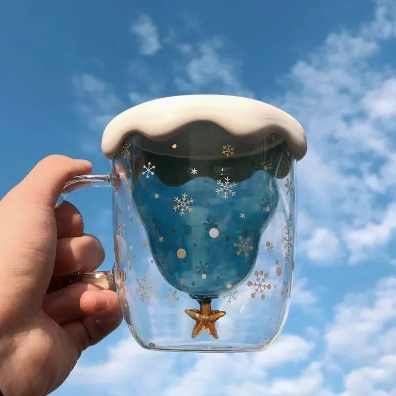 Christmas Tree Mug Snow Mountain Glass cup Heat Resistant Double Wall Glass Coffee Cup Cartoon Christmas Gift  Milk  Drinkware