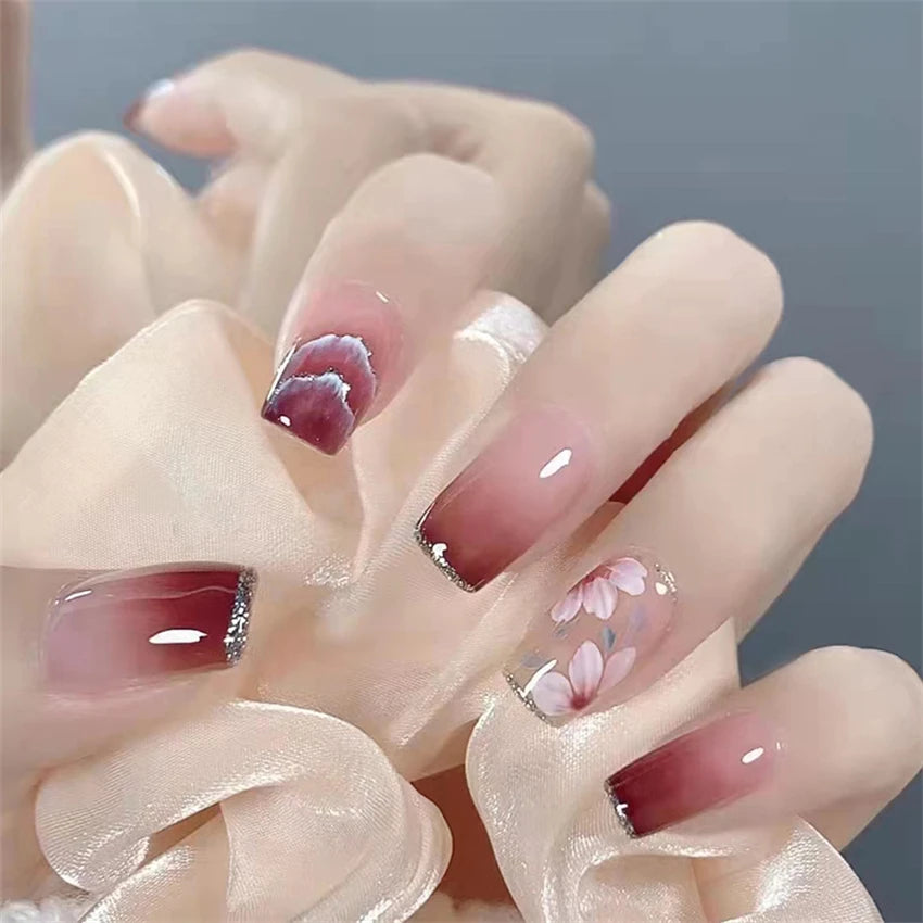 24Pcs/Set Acrylic Korean Flat Fake Nails Elk Christmas Color Wearing False Nails Full Coverage Press on Nail Art Removable