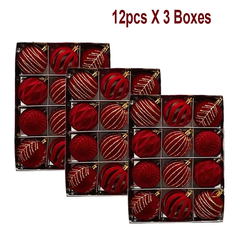 12/16pcs 6cm Wine Red Christmas Ball Ornaments Flocking Christmas Tree Party Decoration New Year Christmas Spheres Pendant Balls