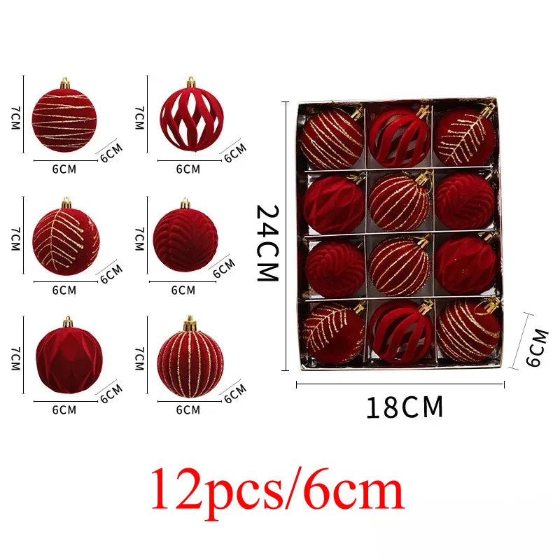 12/16pcs 6cm Wine Red Christmas Ball Ornaments Flocking Christmas Tree Party Decoration New Year Christmas Spheres Pendant Balls