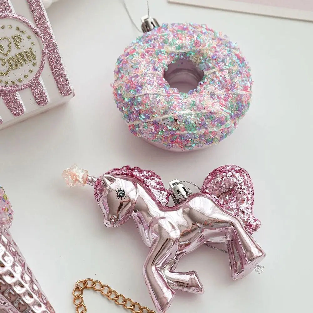 Cartoon Christmas Ice Cream Pendant Shiny Pink Plastic Christmas Tree Ornaments 3D Shatterproof Xmas Snowflake Pendant