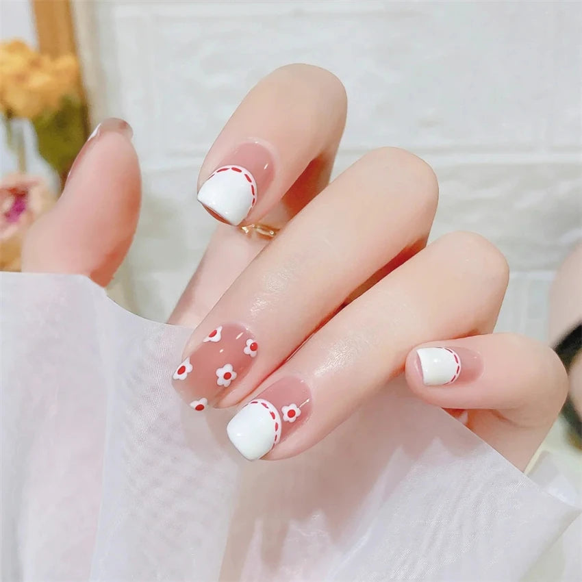 24Pcs/Set Acrylic Korean Flat Fake Nails Elk Christmas Color Wearing False Nails Full Coverage Press on Nail Art Removable