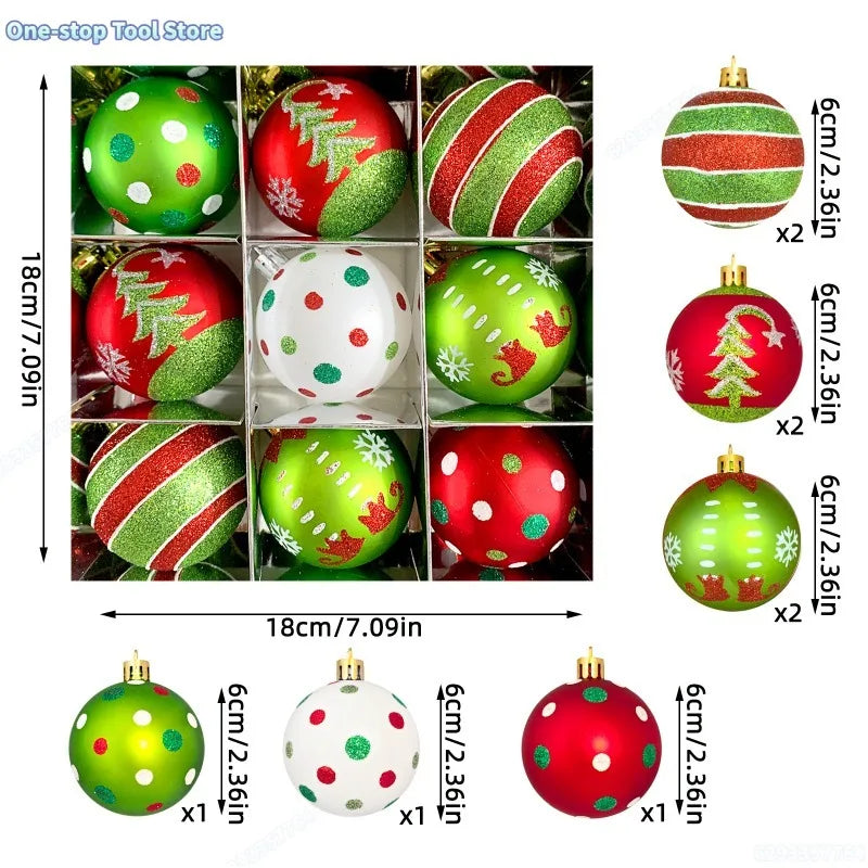 34/12/9pcs  Christmas Ball Decorations Green Monster Xmas Tree Ornaments Green Painted Xmas Ball Set Christmas Home Decor