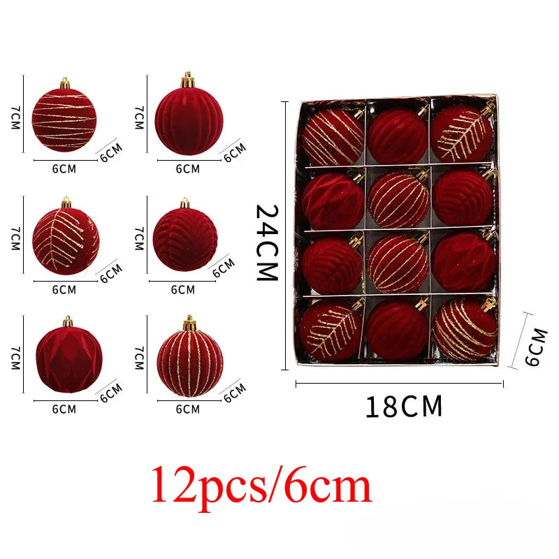 12/16pcs 6cm Wine Red Christmas Ball Ornaments Flocking Christmas Tree Party Decoration New Year Christmas Spheres Pendant Balls
