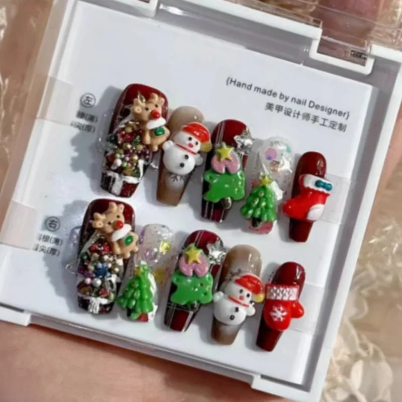 10Pcs Handcrafted with Snowman&Christmas Tree Decor Cheerful Red&Green Christmas Press-On Nails Perfect for Women&Girls Wear