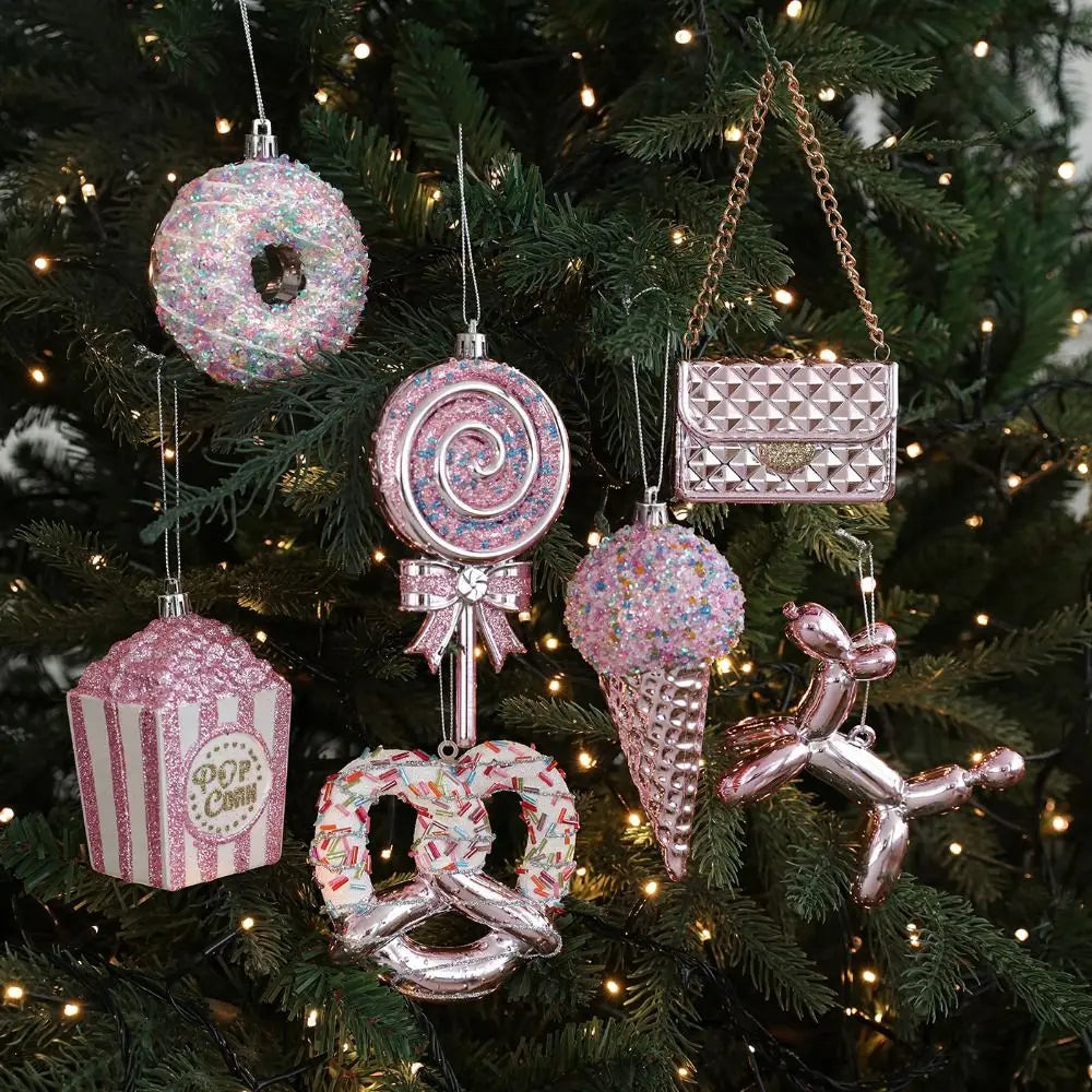 Cartoon Christmas Ice Cream Pendant Shiny Pink Plastic Christmas Tree Ornaments 3D Shatterproof Xmas Snowflake Pendant