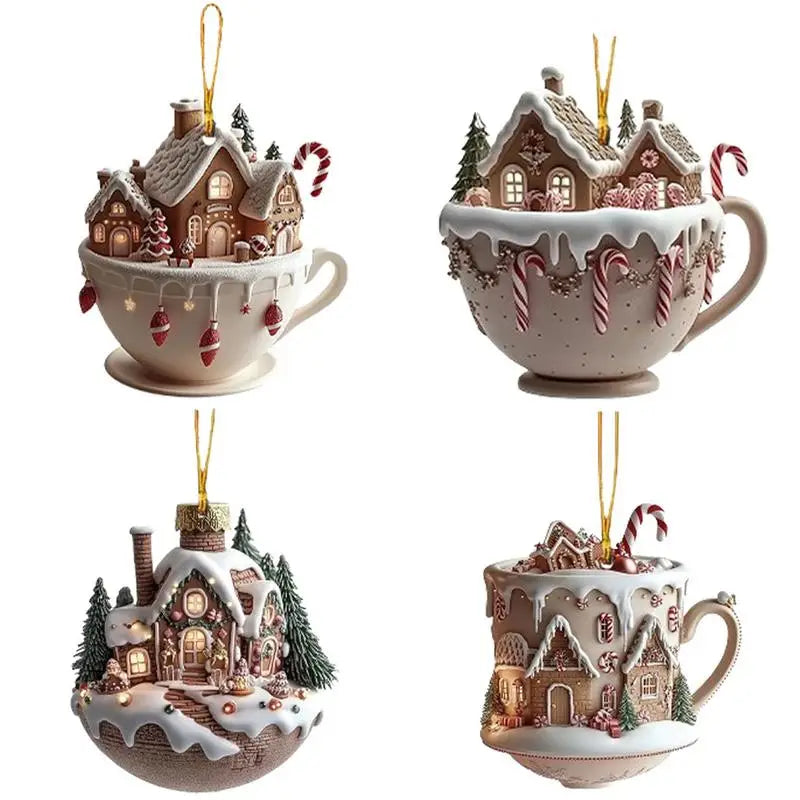 Coffee Cup Ornaments For Christmas Tree 2D Acrylic Christmas Snow Houses Chocolate Mug Pendant Christmas Tree & Car Decor