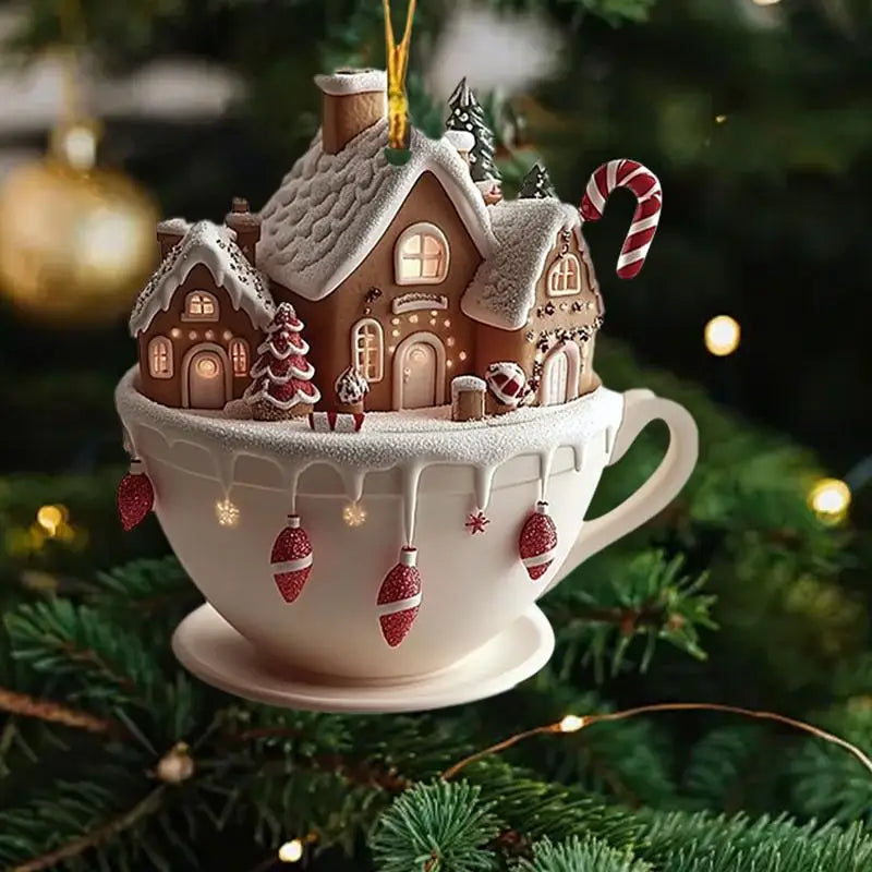 Coffee Cup Ornaments For Christmas Tree 2D Acrylic Christmas Snow Houses Chocolate Mug Pendant Christmas Tree & Car Decor