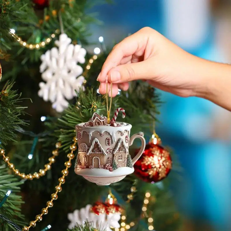 Coffee Cup Ornaments For Christmas Tree 2D Acrylic Christmas Snow Houses Chocolate Mug Pendant Christmas Tree & Car Decor