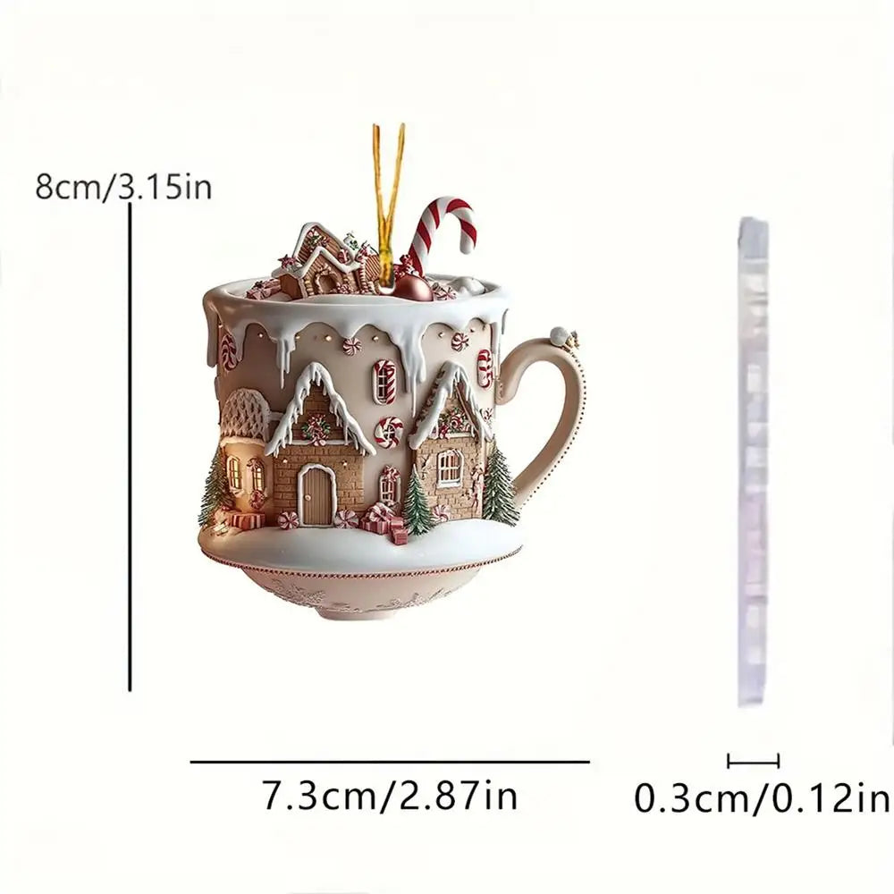 Coffee Cup Ornaments For Christmas Tree 2D Acrylic Christmas Snow Houses Chocolate Mug Pendant Christmas Tree & Car Decor