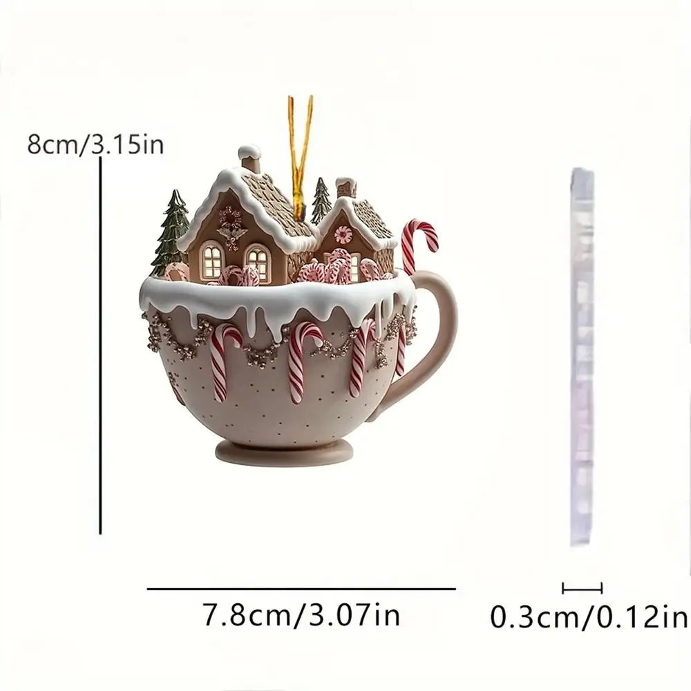 Coffee Cup Ornaments For Christmas Tree 2D Acrylic Christmas Snow Houses Chocolate Mug Pendant Christmas Tree & Car Decor