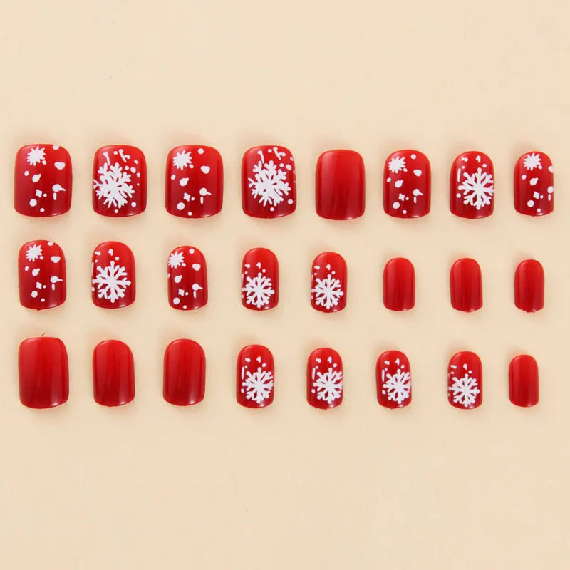 24Pcs Square Short Coverage Press On Nails Snowflake French Fake Nails Red Reusable False Nails Christmas Wearing Nails