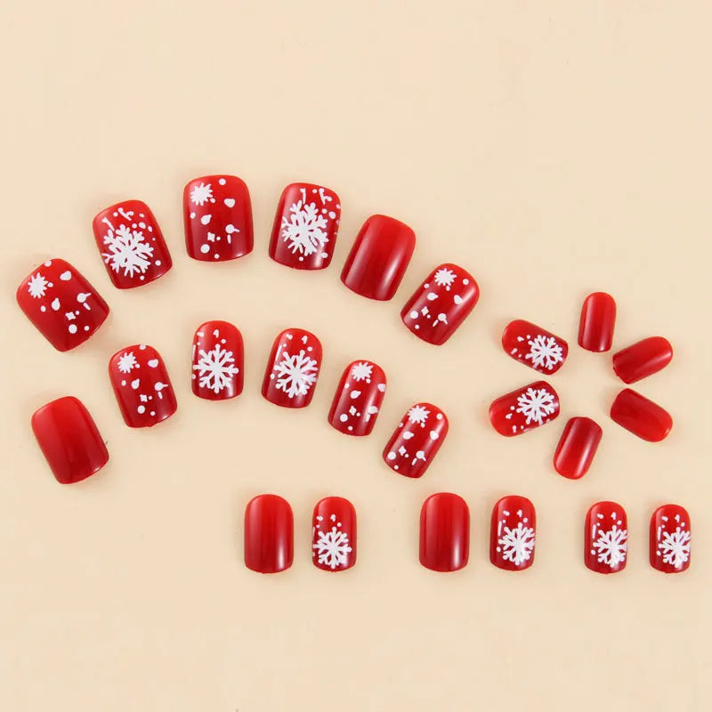 24Pcs Square Short Coverage Press On Nails Snowflake French Fake Nails Red Reusable False Nails Christmas Wearing Nails