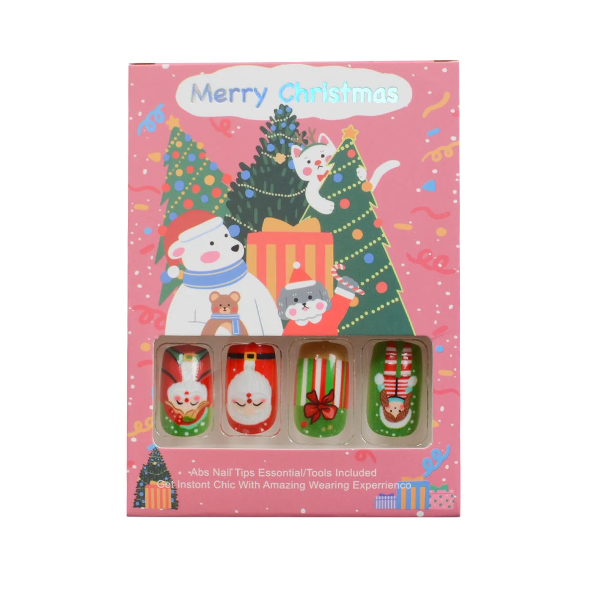 24 Pieces Medium Square Nail Patch Christmas Cartoon Christmas Tree Santa Claus Cute Doll Pattern Wear Armor Set