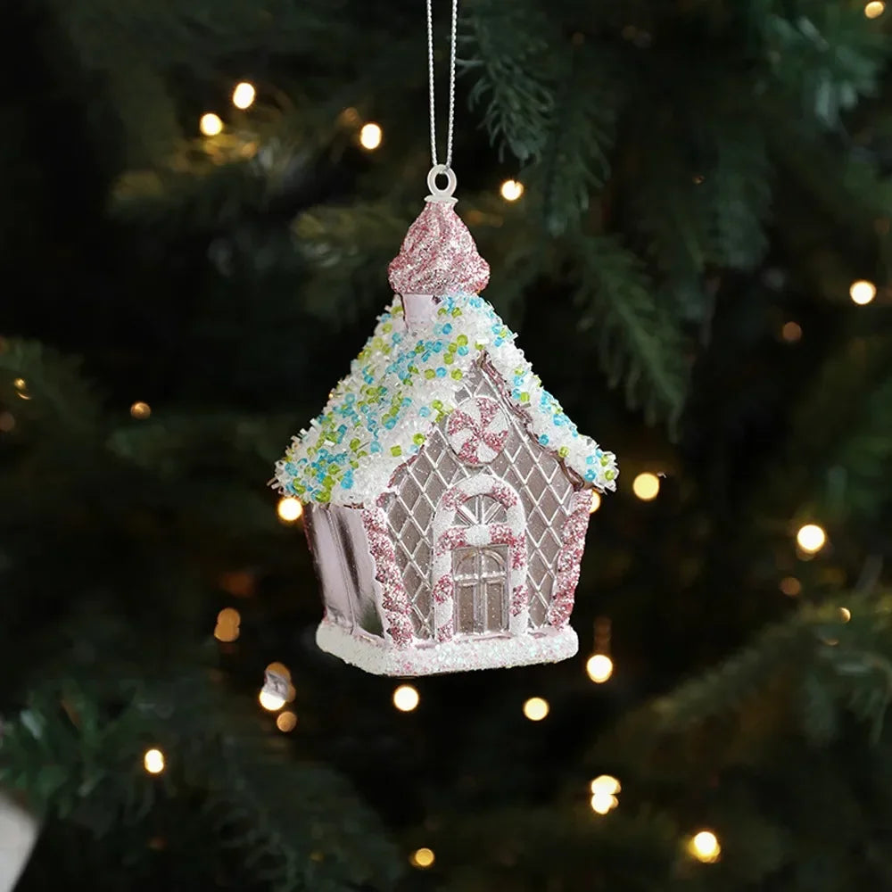 Cartoon Christmas Ice Cream Pendant Shiny Pink Plastic Christmas Tree Ornaments 3D Shatterproof Xmas Snowflake Pendant