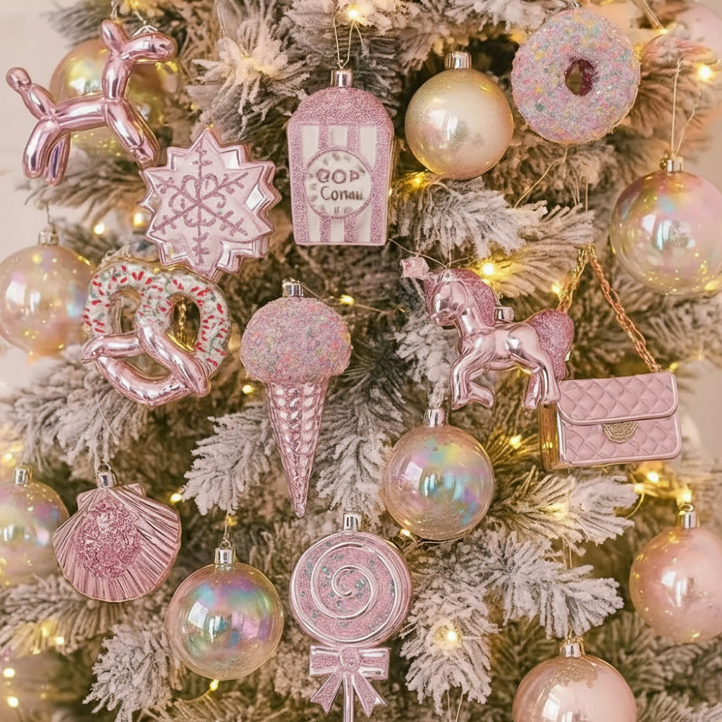 Cartoon Christmas Ice Cream Pendant Shiny Pink Plastic Christmas Tree Ornaments 3D Shatterproof Xmas Snowflake Pendant