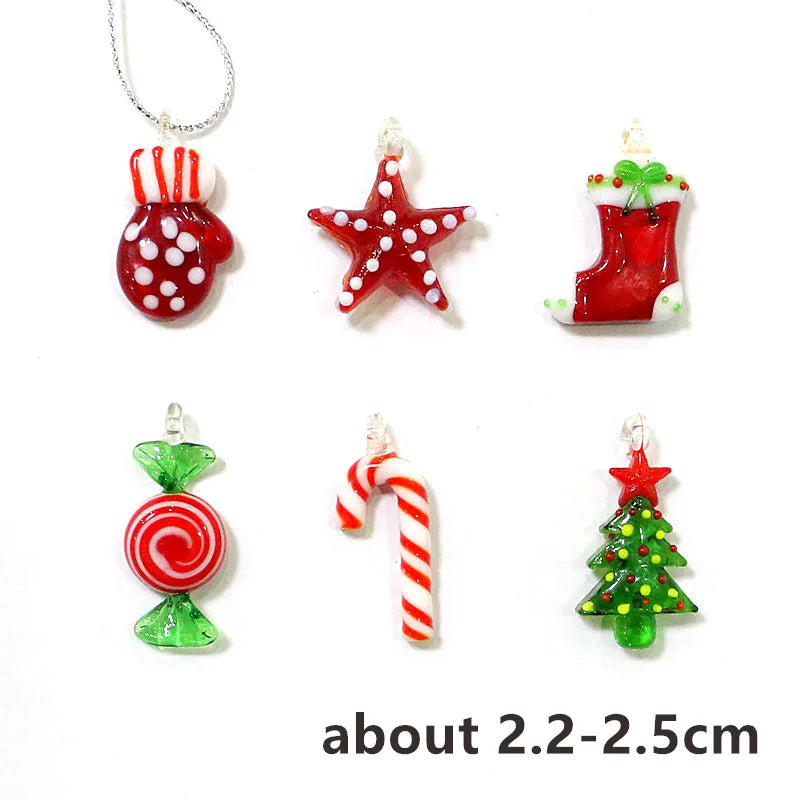 6pcs Hanging Christmas Glass Crafts Ornaments Cute Candy Cane Gloves Sock Xmas Tree Five Pointed Star Mini Pendants Accessories