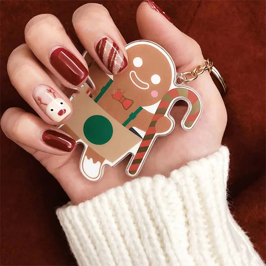 24Pcs/Set Acrylic Korean Flat Fake Nails Elk Christmas Color Wearing False Nails Full Coverage Press on Nail Art Removable