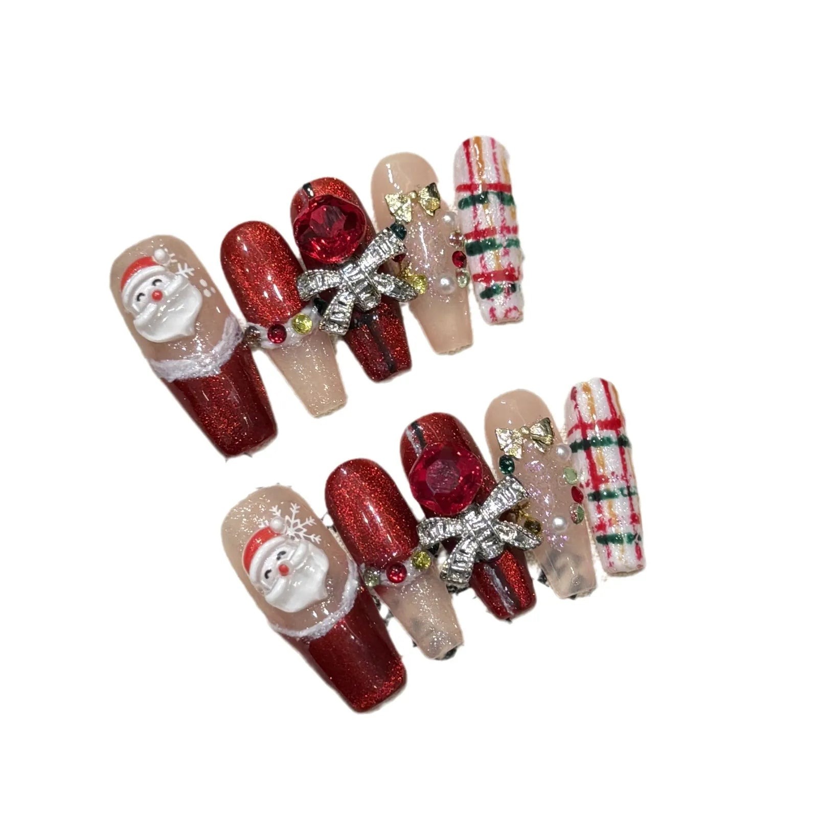 Handmade Press on Nails Christmas Red New Year Gifts Fake Nails Wearing 3D Santa Claus Long French Cat Eye Crystal False Nails
