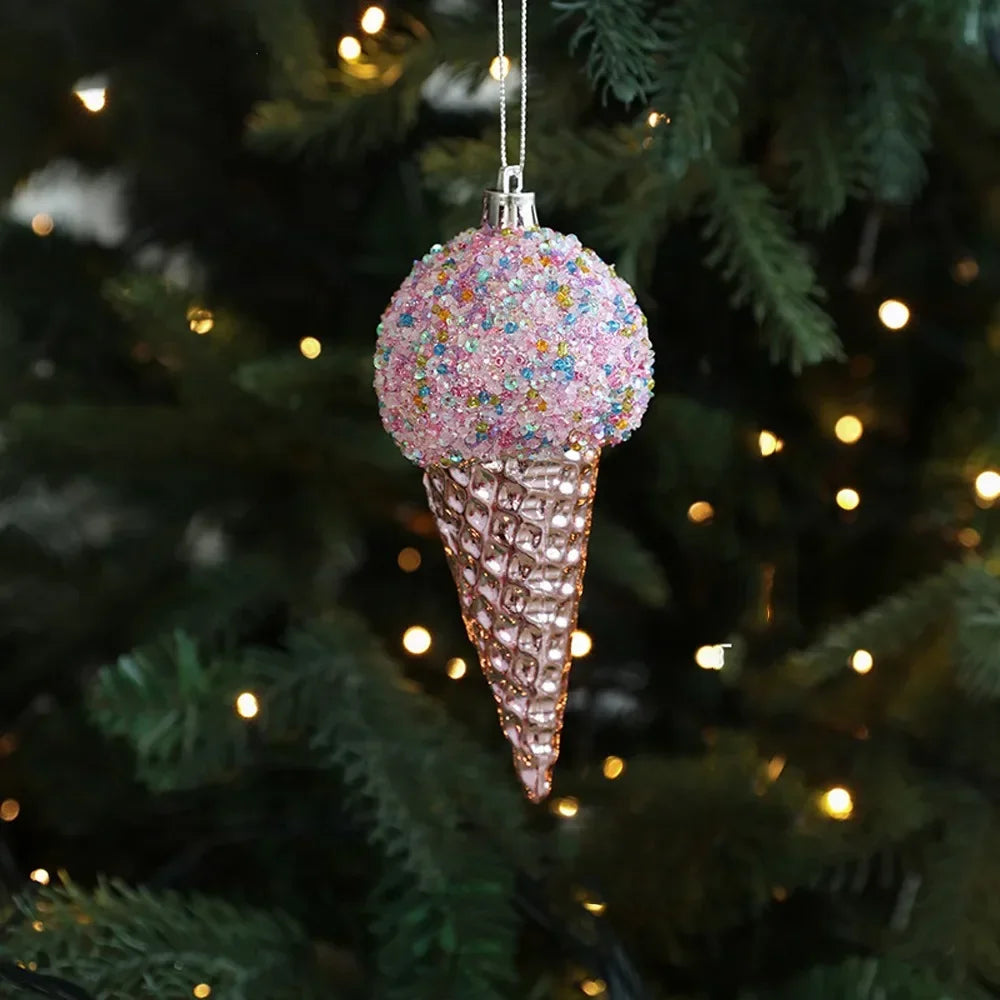 Cartoon Christmas Ice Cream Pendant Shiny Pink Plastic Christmas Tree Ornaments 3D Shatterproof Xmas Snowflake Pendant