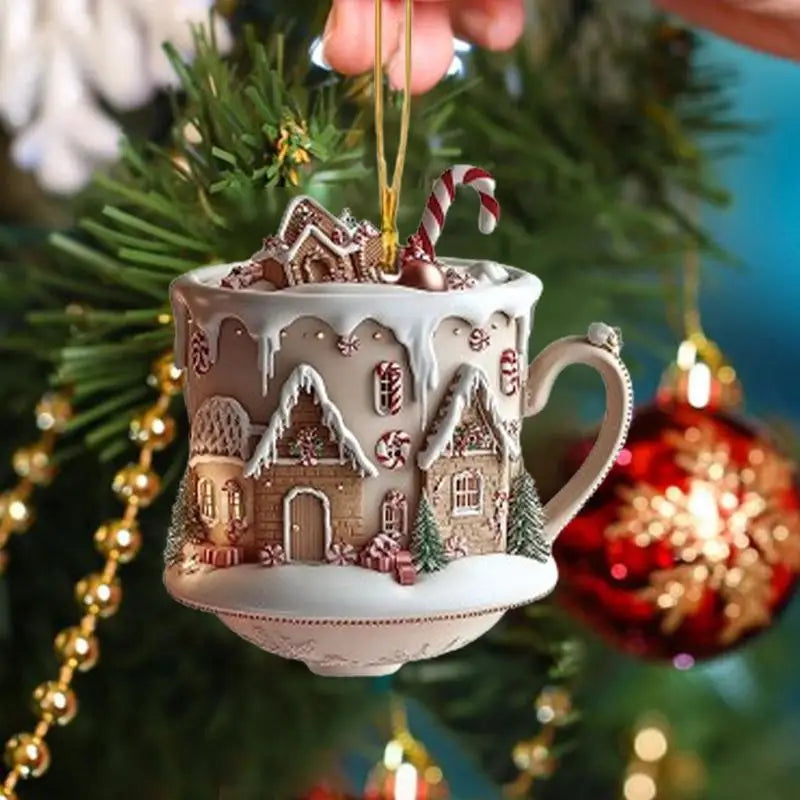 Coffee Cup Ornaments For Christmas Tree 2D Acrylic Christmas Snow Houses Chocolate Mug Pendant Christmas Tree & Car Decor
