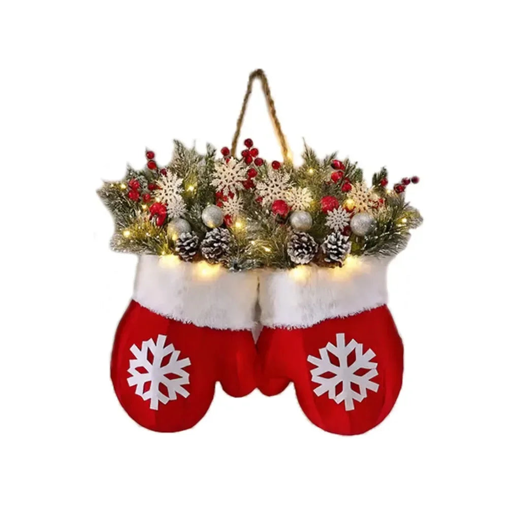 Twinkling Christmas Mitten Wreath Artificial Berries Artificial Berries Pine Needles Christmas Glove Wreath with LED Lights
