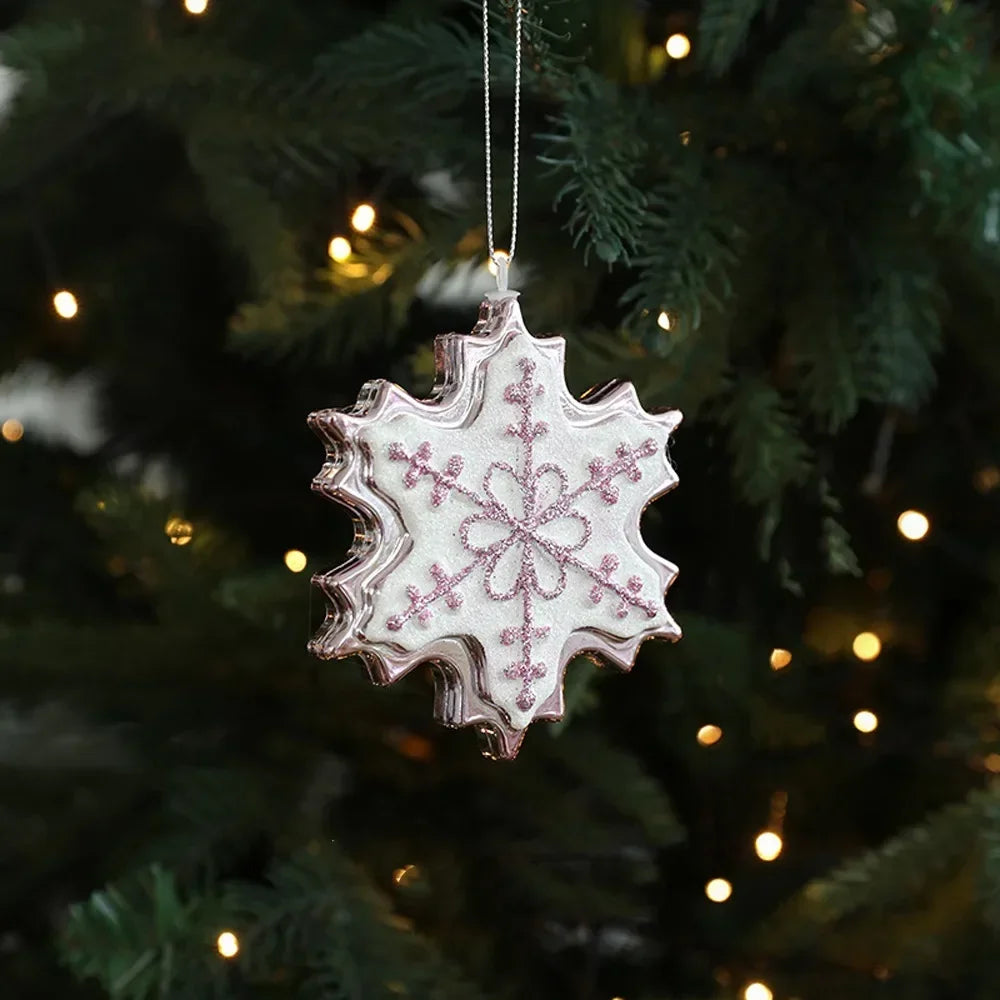 Cartoon Christmas Ice Cream Pendant Shiny Pink Plastic Christmas Tree Ornaments 3D Shatterproof Xmas Snowflake Pendant